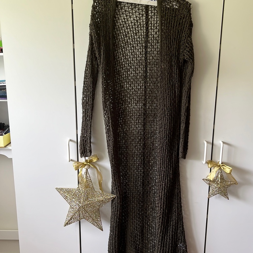 Green Eyelet Knit Maxi Cardigan